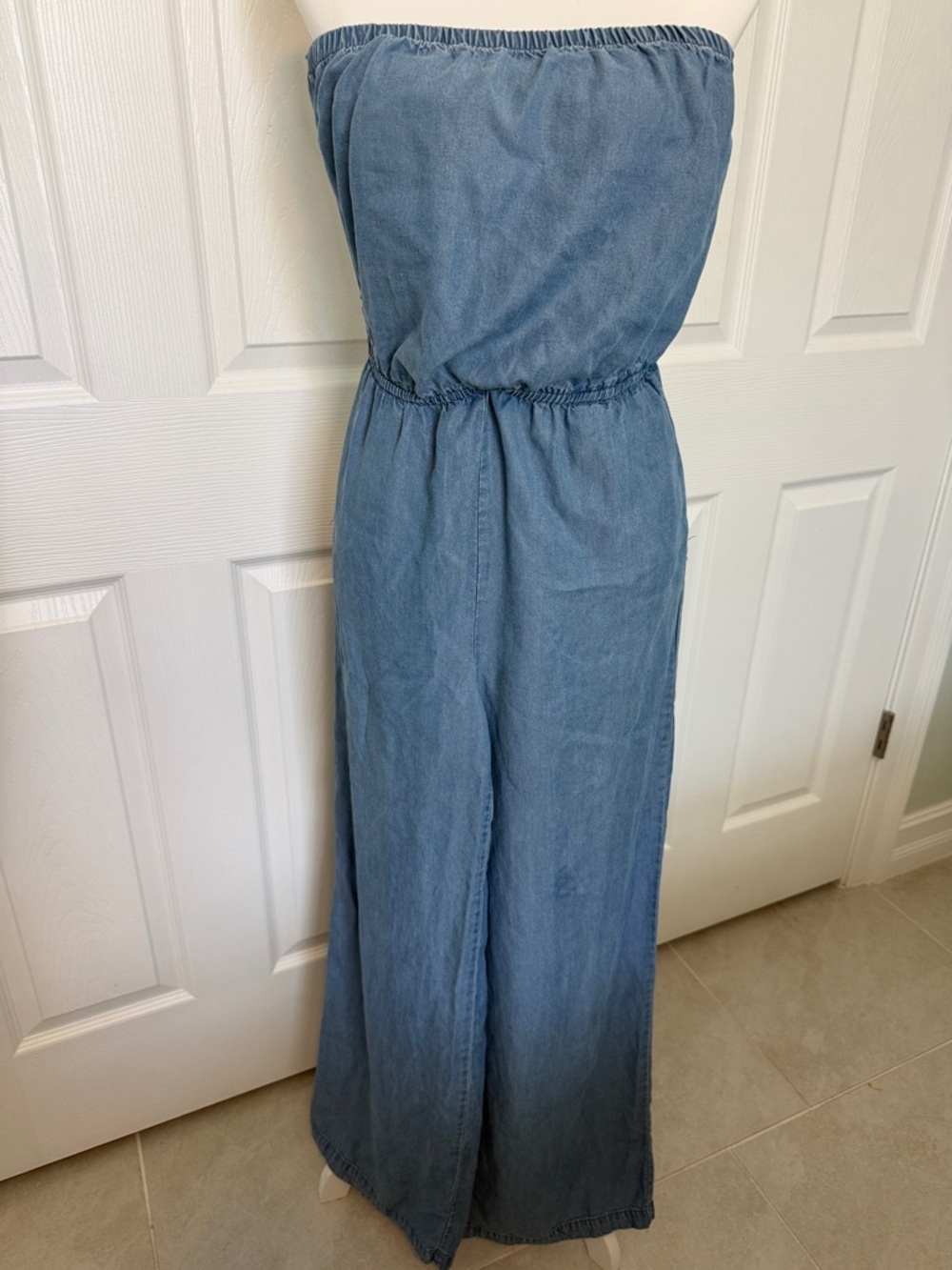 Denim Peloza Strapless Wide-Leg Romper, Jumpsuit in Chambray Blue Y2K